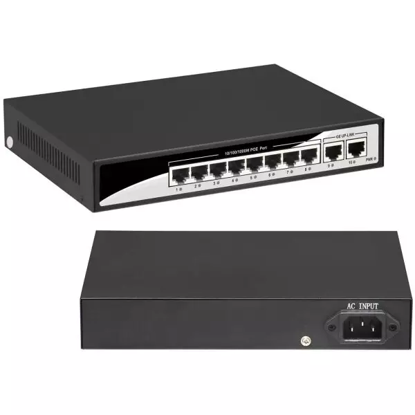 10 Port Power over Ethernet (POE) 1Gbps Gigabit Network Switch (8x POE, 2x Uplink) with Built-in 52V 2.88Amp PSU, 16W per Port Max, IEEE 802.3af/at