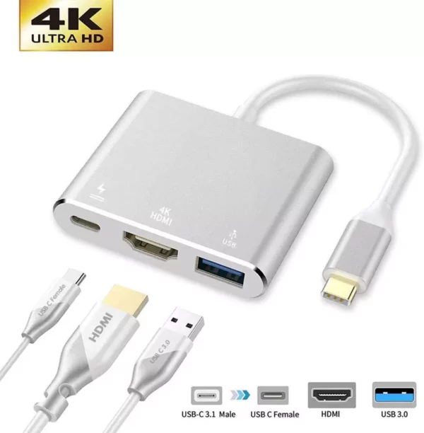 Male USB 3.1 Type C to HDMI Female Adapter + Type C + USB 3.0 | 4k Ultra HD Port Replicator 3
