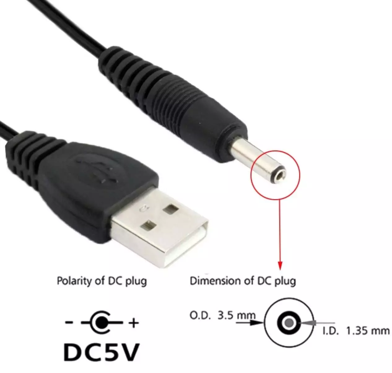 1 Meter 5 volt USB to DC Power Cable
