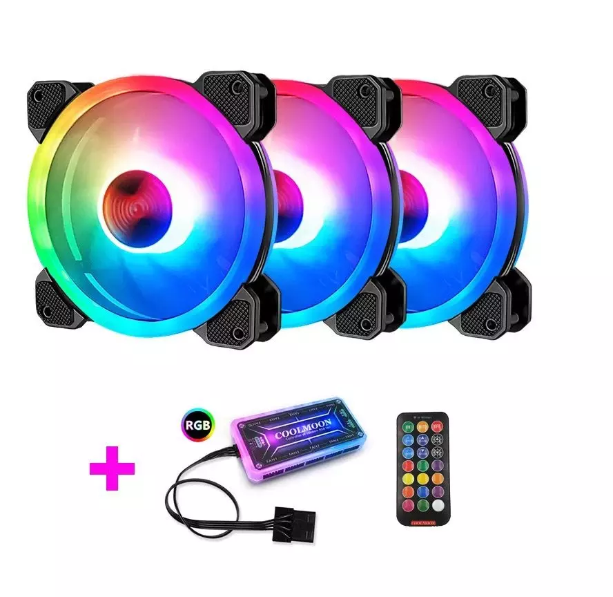 120mm PC LED Fan Kit (3 Fans) with Controller and Remote | RGB Computer Case Cooling Fan Kit | Coolmoon